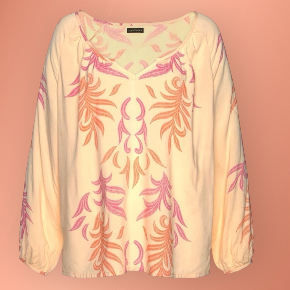 LASCANA VENUS Boho Print Long Sleeve Pullover Blouse Women’s 10 Peach Sand